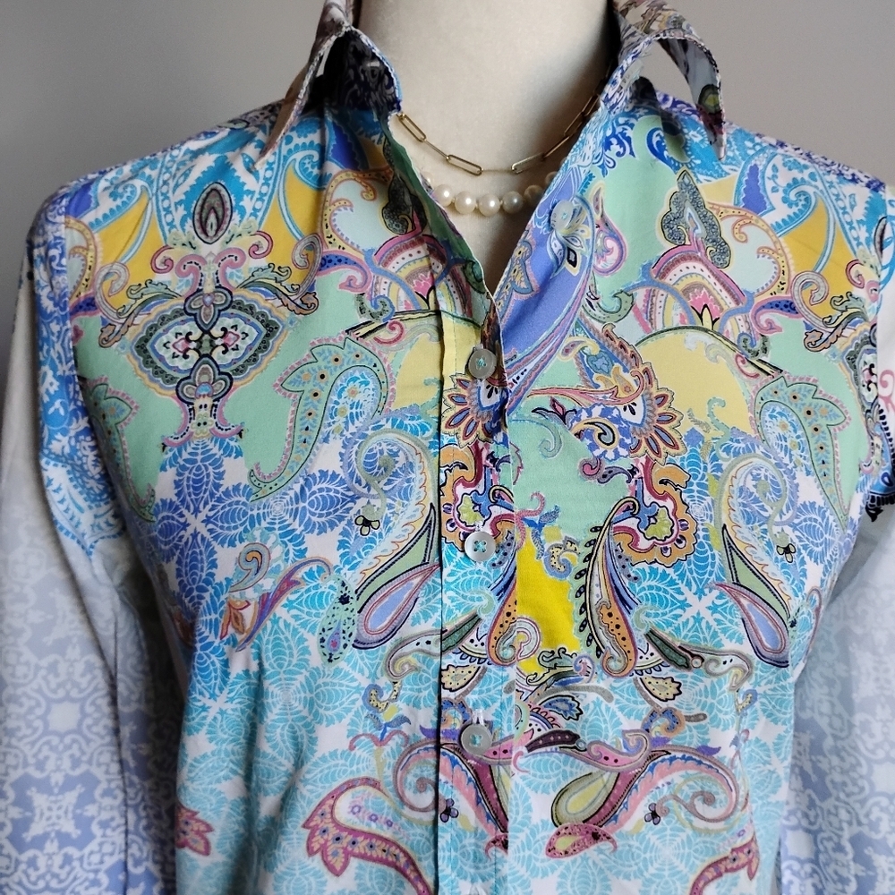 Eterna European Cotton Colorful Print Paisley Ombre Button Up Shirt Size 6
